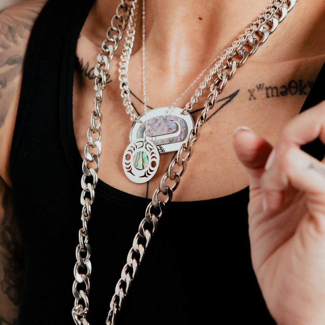 Native American made platinum coated  necklace and abalone from Ginew and Copper Canoe Woman