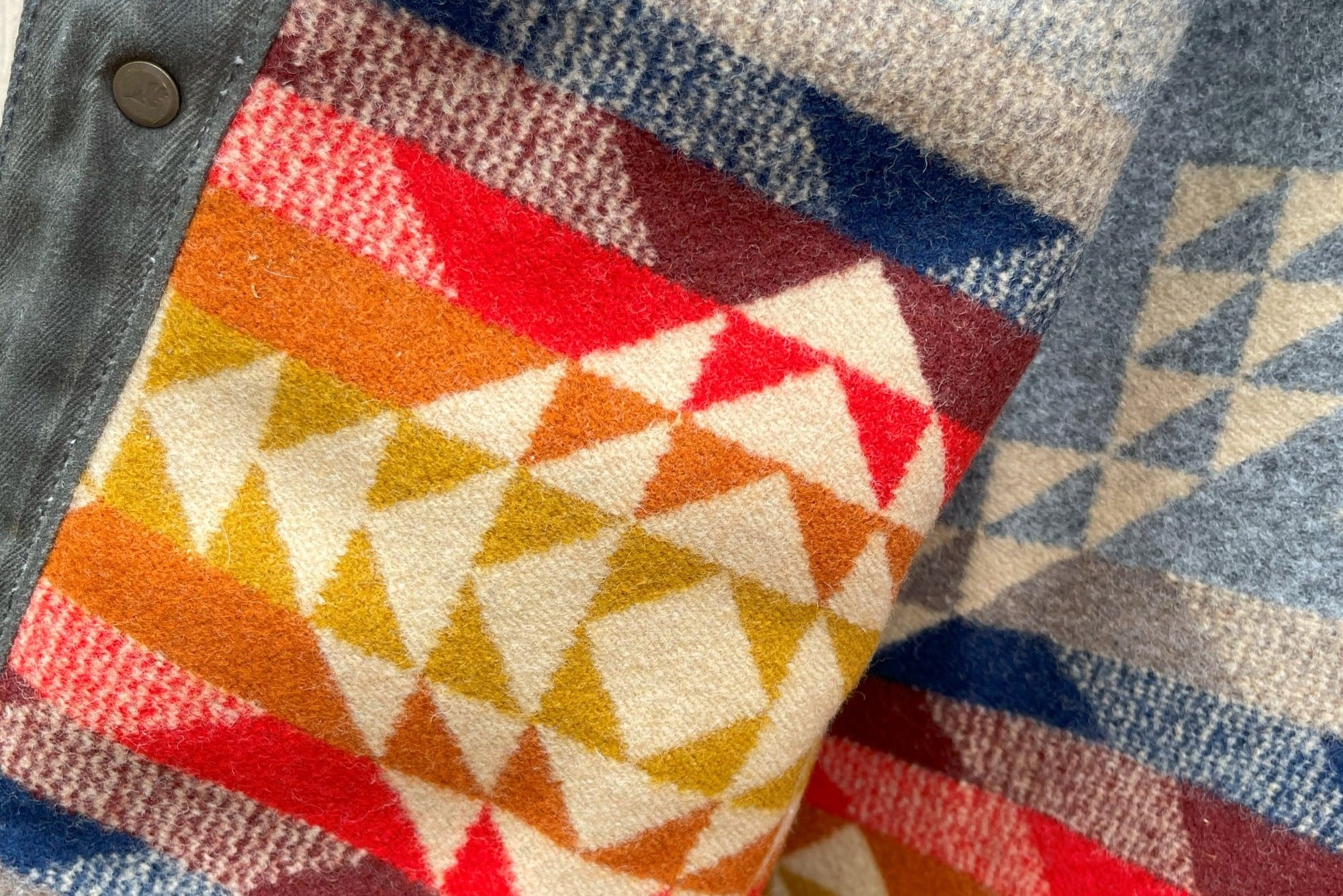 Close-up of Native American Ginew Pendleton Wax Canvas lined coat 