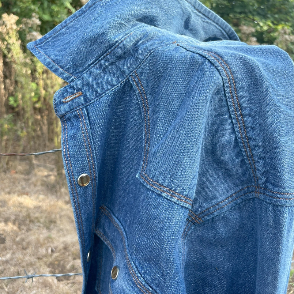 Snaps on Custom washed chambray western snap shirt with Native American Ginew label 