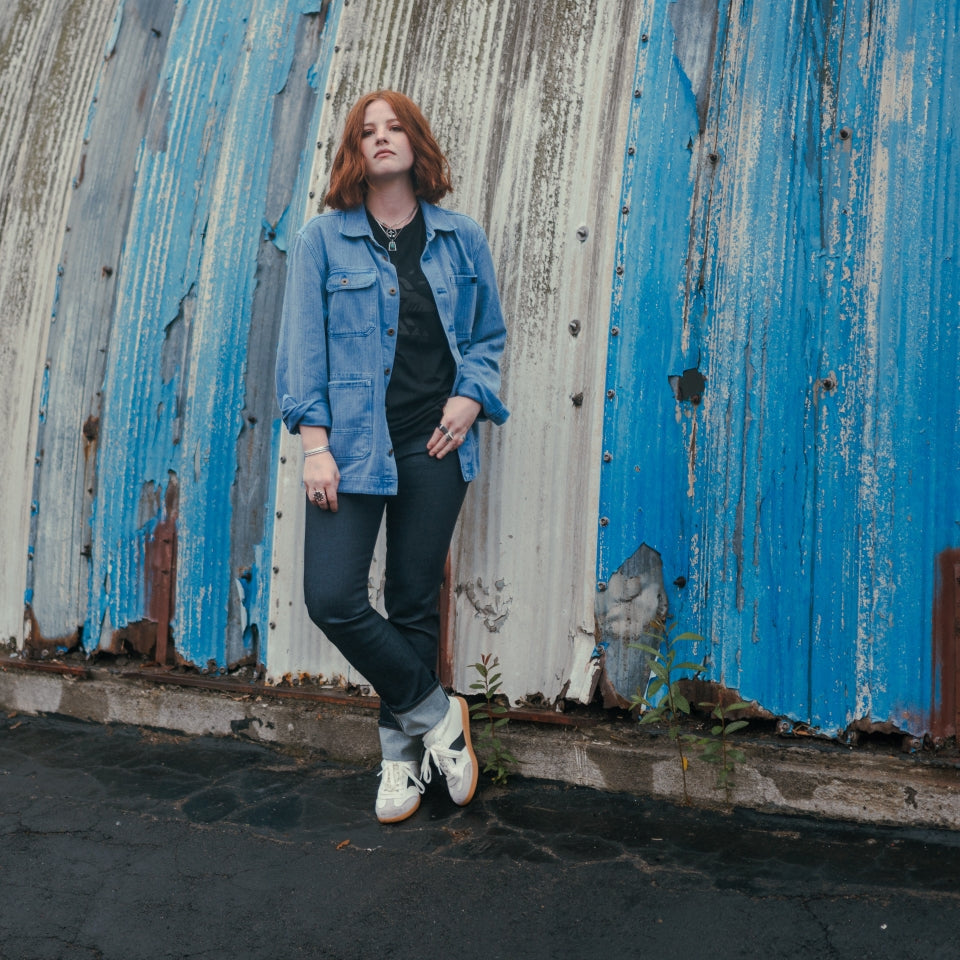 Women wearing blue indigo barn jacket in herringbone