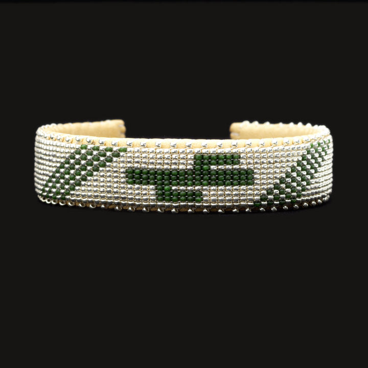 Green cactus Hand-beaded bracelet; black background