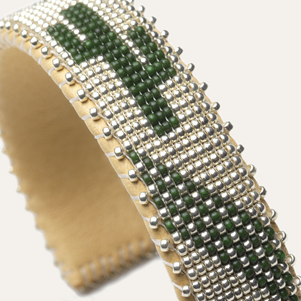 Close-up detail of silver bead base with green cactus