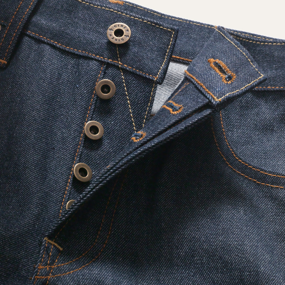 Detail view of five button fly on Crow Wing Selvedge Denim Jeans 