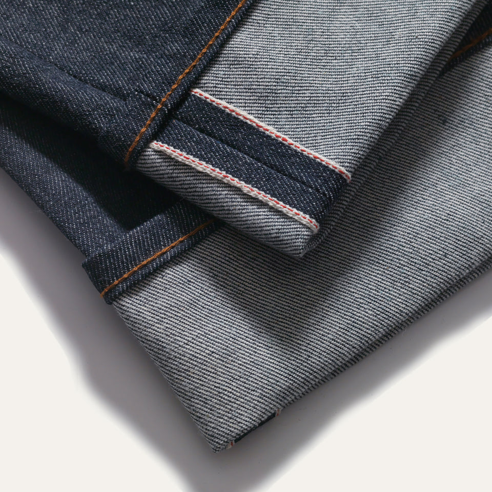 Selvedge Denim Jeans Crow Wing Jean bottom hem cuffed exposing inside seam