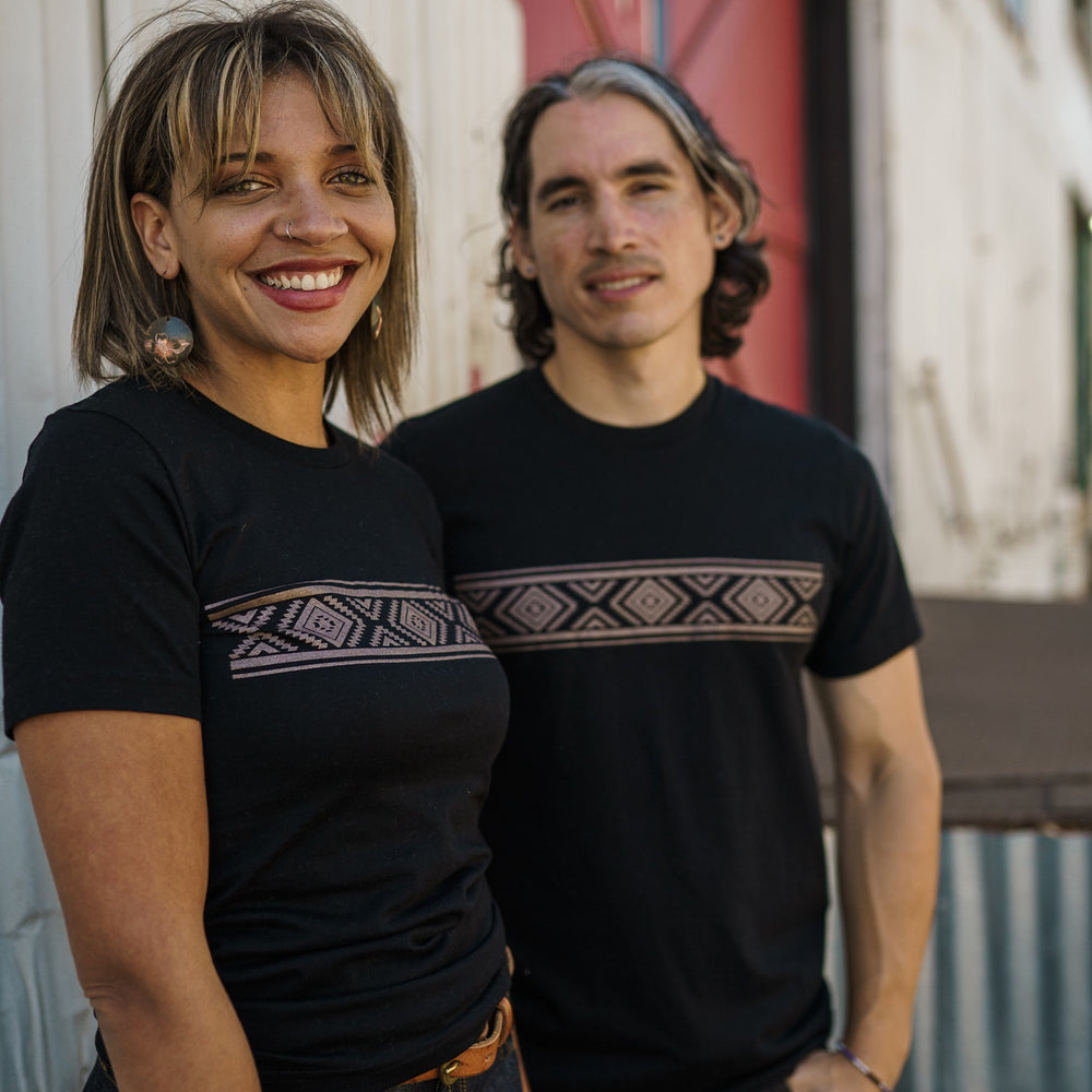 Native American models wearing made in USA black tshirt with diamond image. Made in USA. 