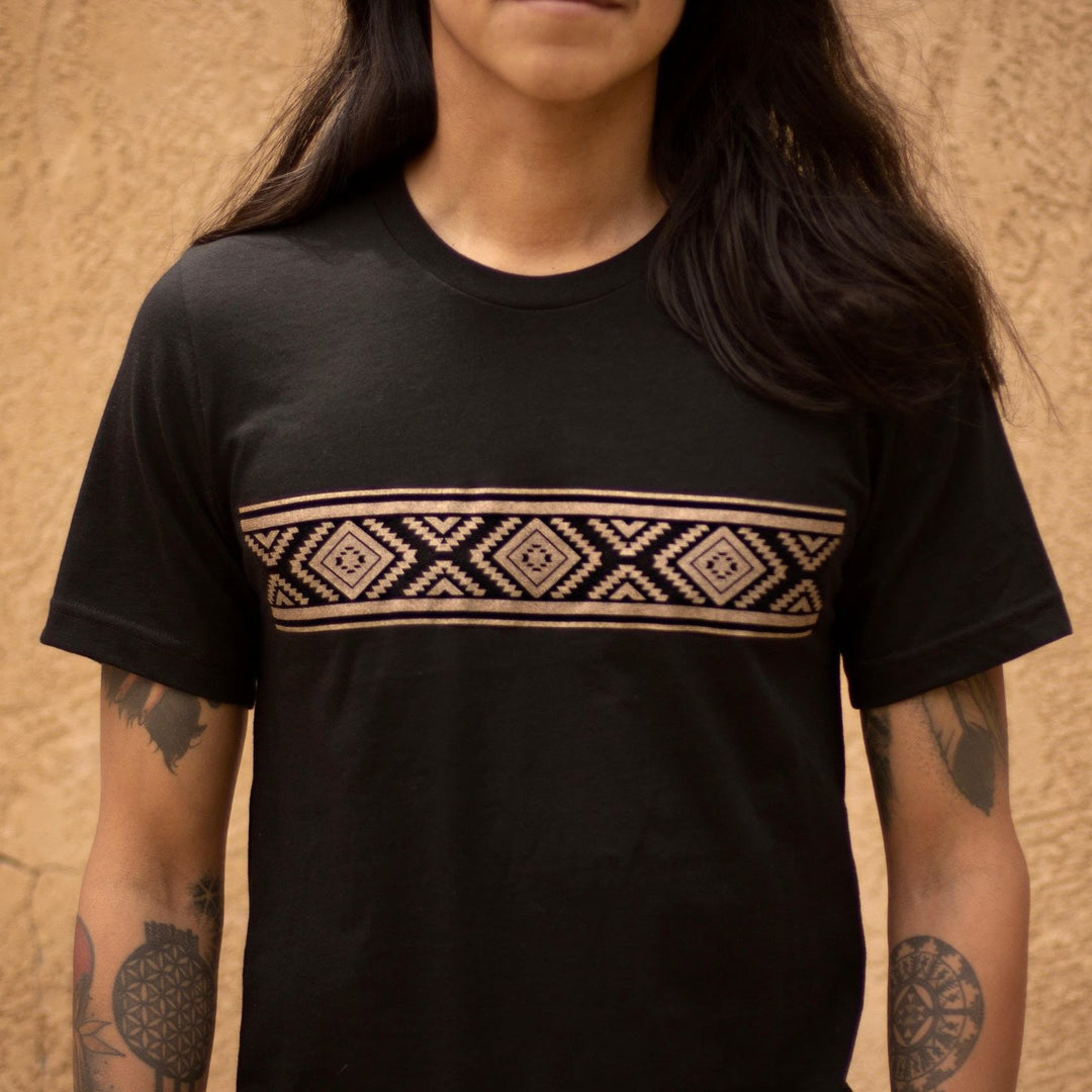 Black graphic t-shirt made in USA with brown diamond design. 