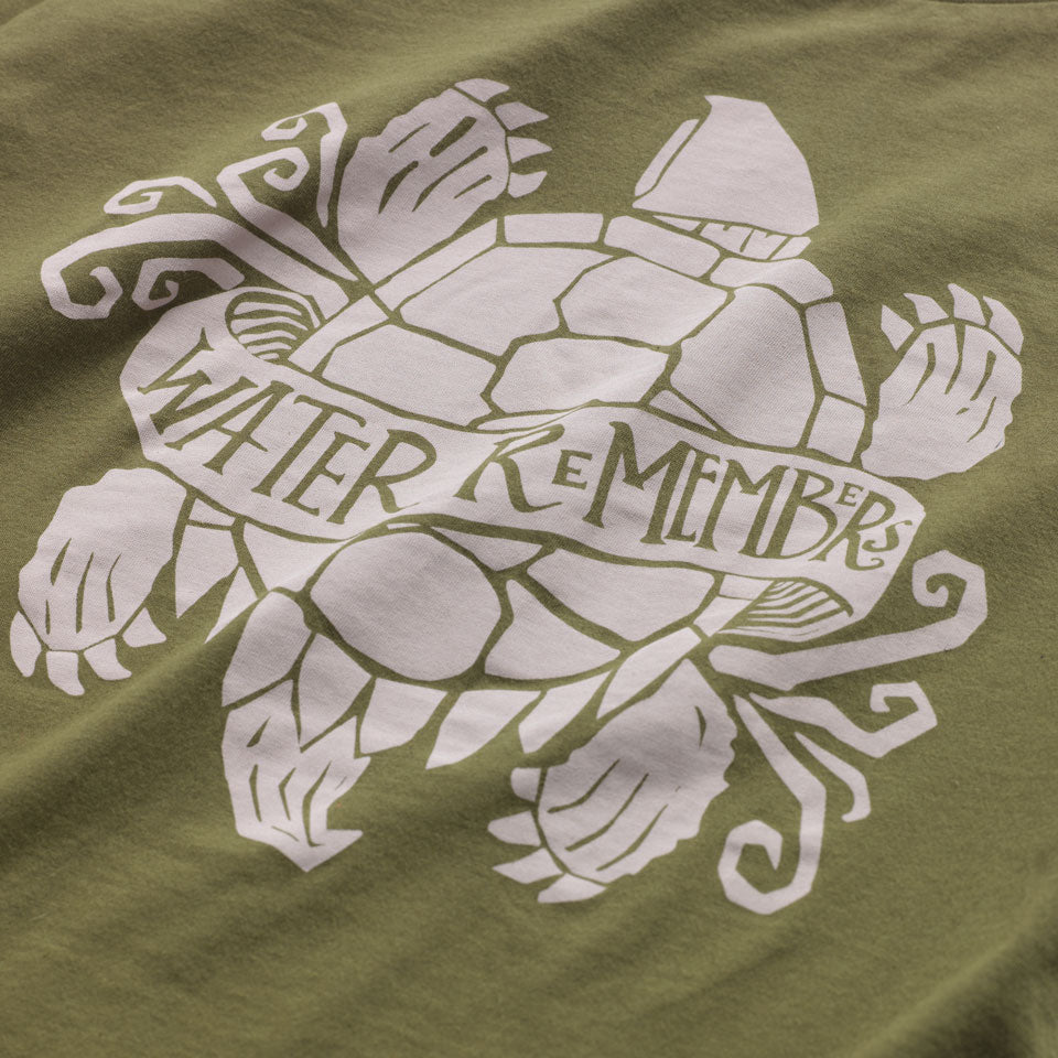 Close up view of ancient snapping turtle graphic and Water Remembers quote.