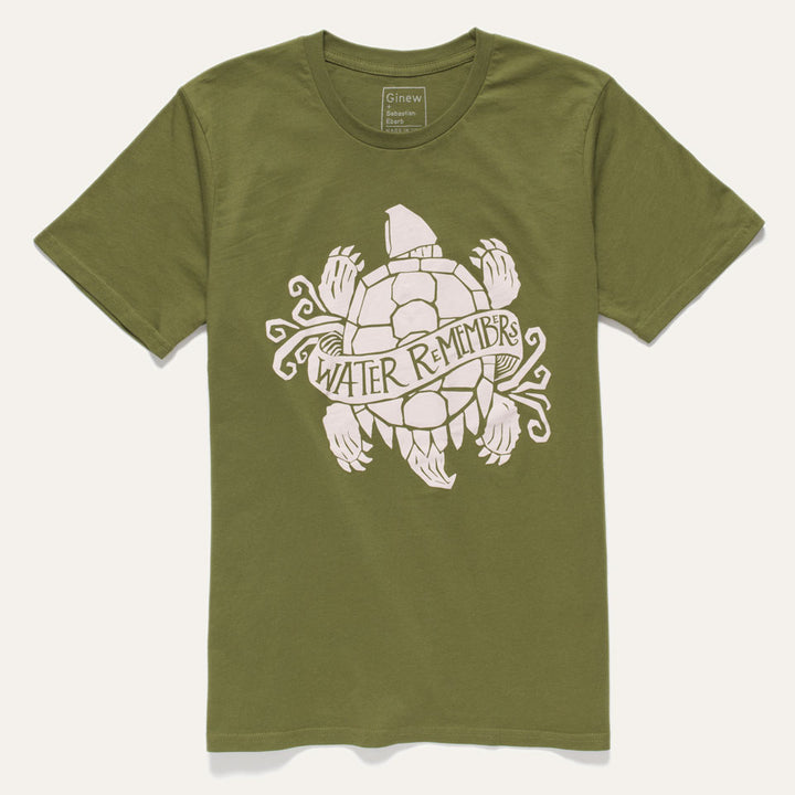 Green short sleeve tee with ancient snapping turtle graphic and Water Remembers quote.