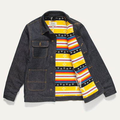 Front view of Heritage Coat with one side lay flat and the other side opened to the Facing East wool blanket lining.