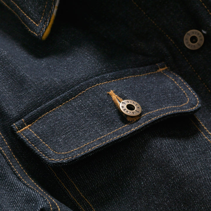 Close up of the front-right chest pocket with button flap closure.