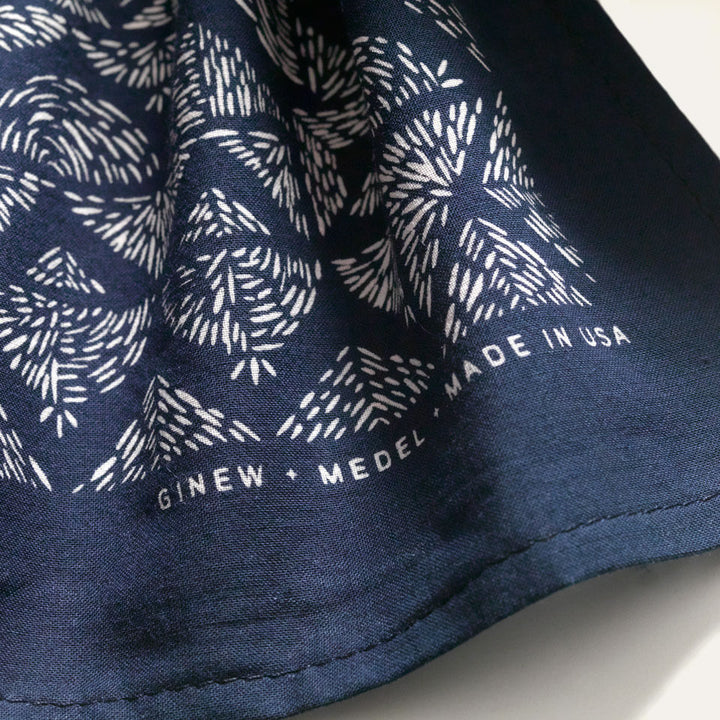 Detail of material on dark navy blue, 100% COTTON bandana made in USA by Native American company Ginew