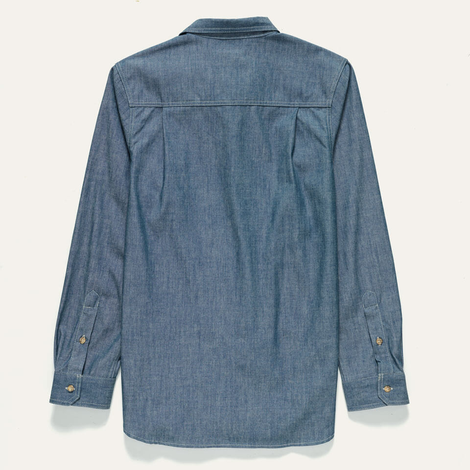 Back detail on blue chambray button down made in USA by Native American Ginew