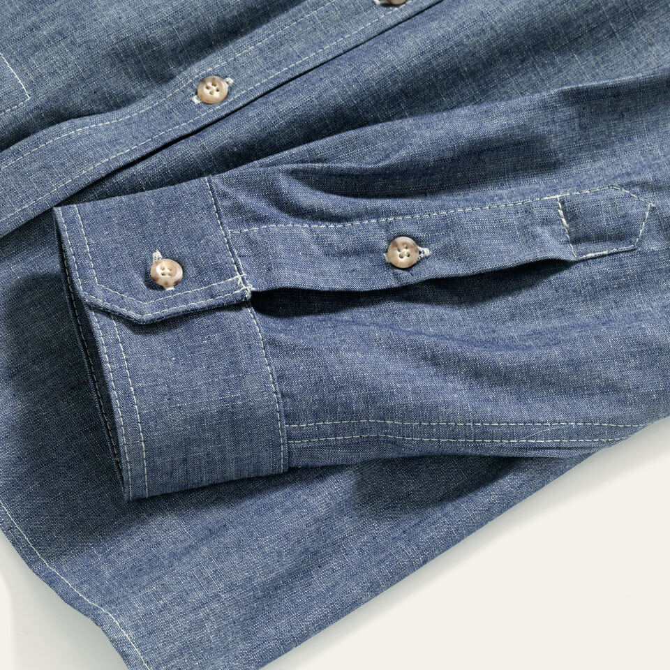 Sleeve detail on 100% All cotton chambray shirt made in USA by Ginew