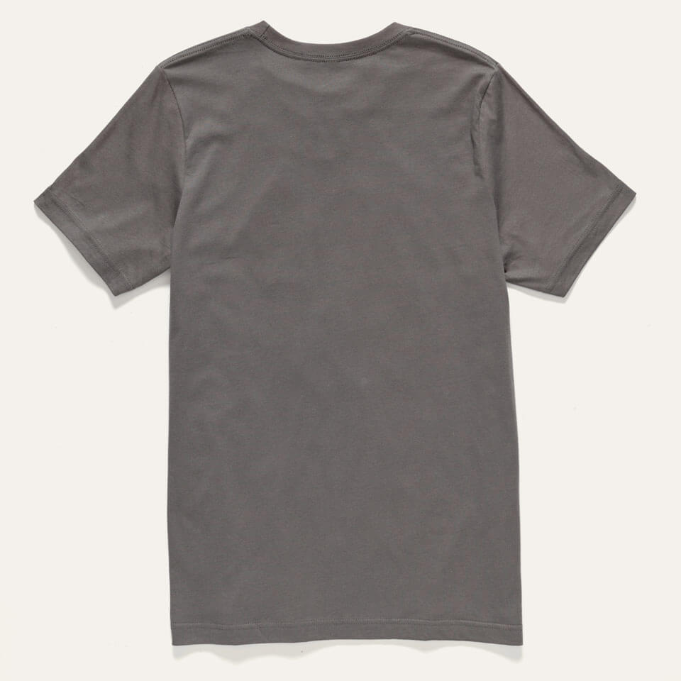 A grey tee shirt with Naasgo/Forward movement bear print in turquoise, orange, and red ink is shown on a male model standing in front of a neutral background.