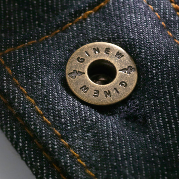 Ginew custom made hardware on selvedge denim coat made in USA