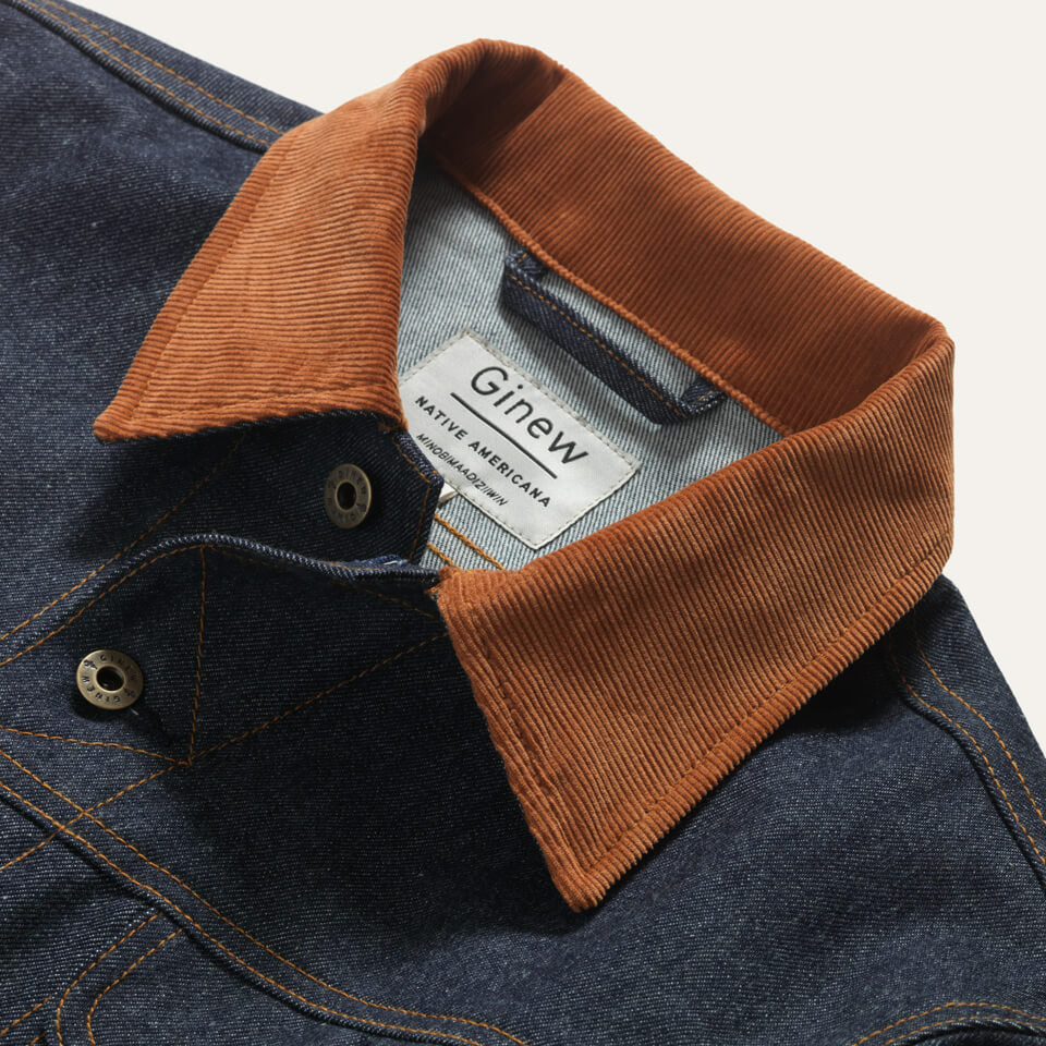 Close up of the Corduroy collar, top two buttons and inside tag. Tag reads: "Ginew / Native Americana"