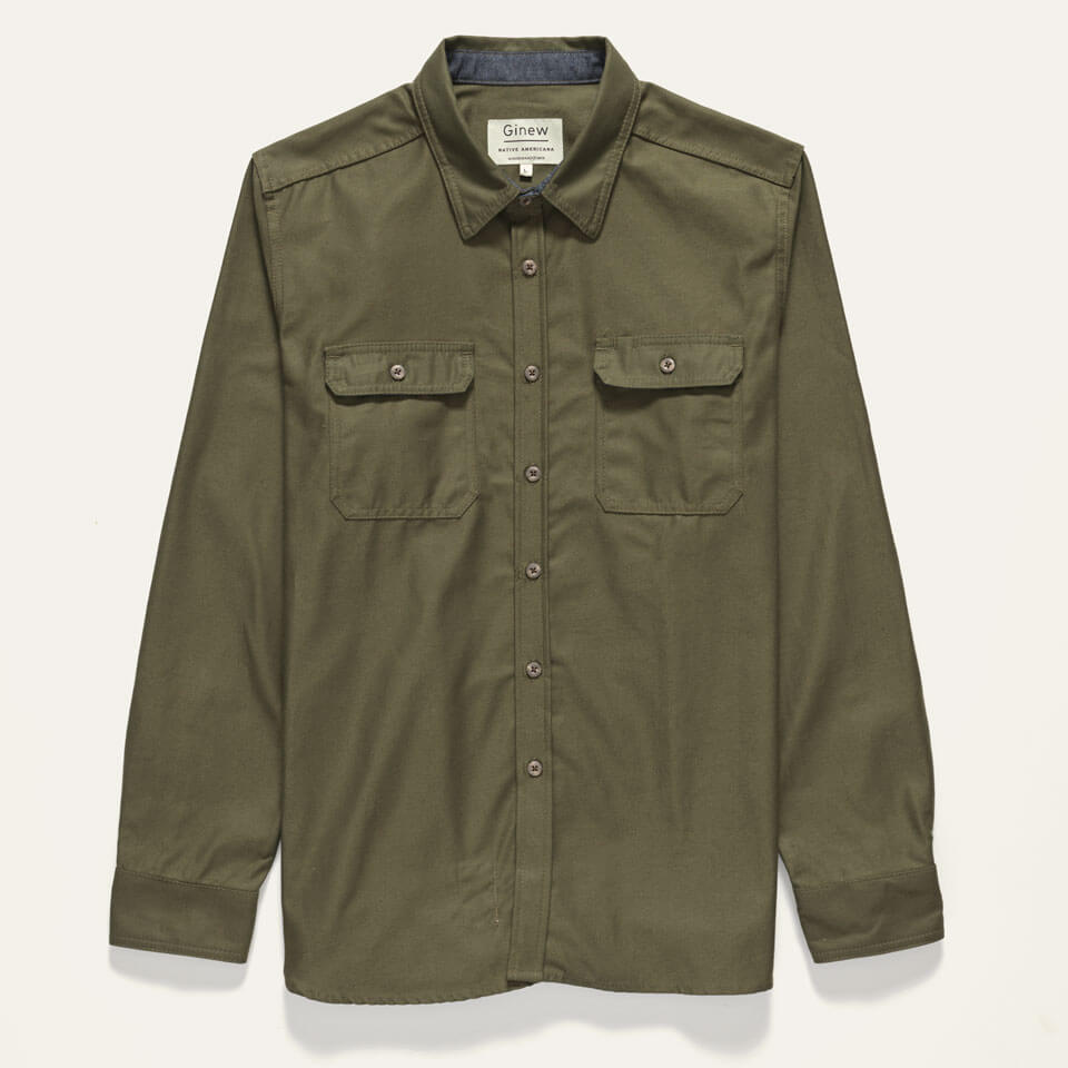 A long sleeve Army green button-up Utility Shirt shown on a white background. The shirt has two chest pockets and chambray contrast collar reinforcement. 