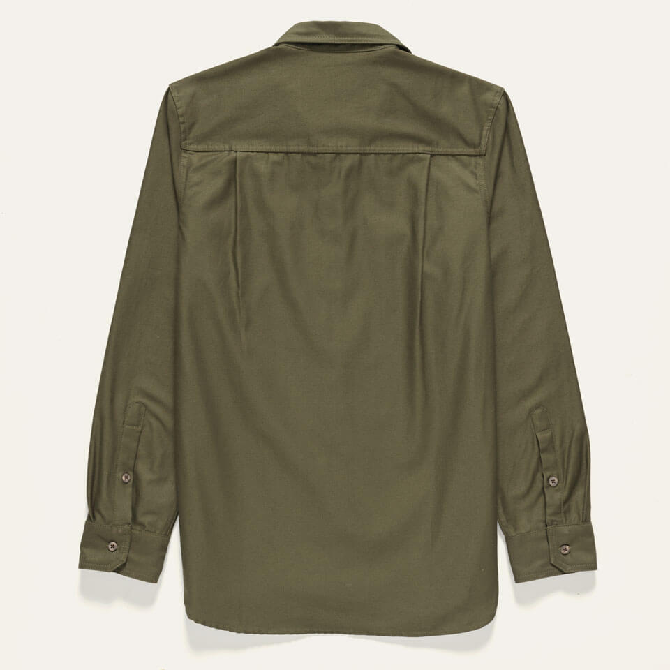 The back view of a long sleeve Army green button-up Utility Shirt shown on a white background.