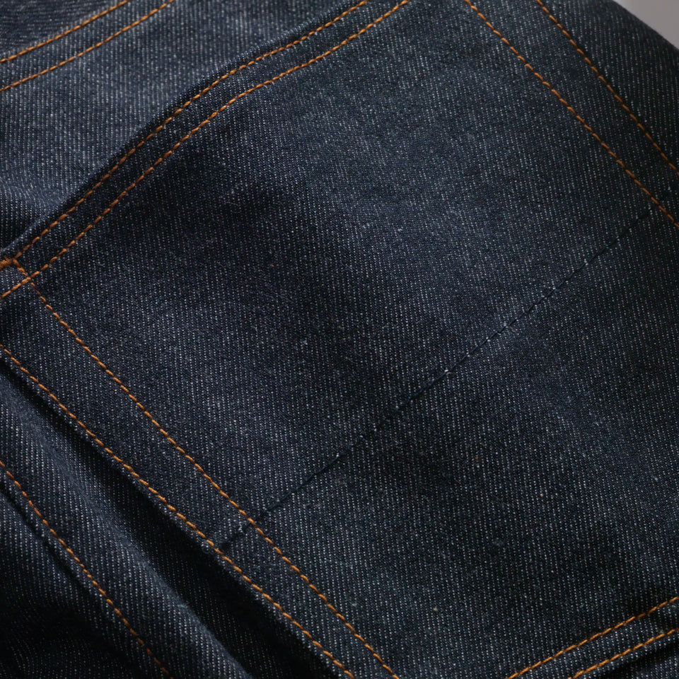 Close up of Half Lined Reinforced Back Pockets of selvedge denim jean. 