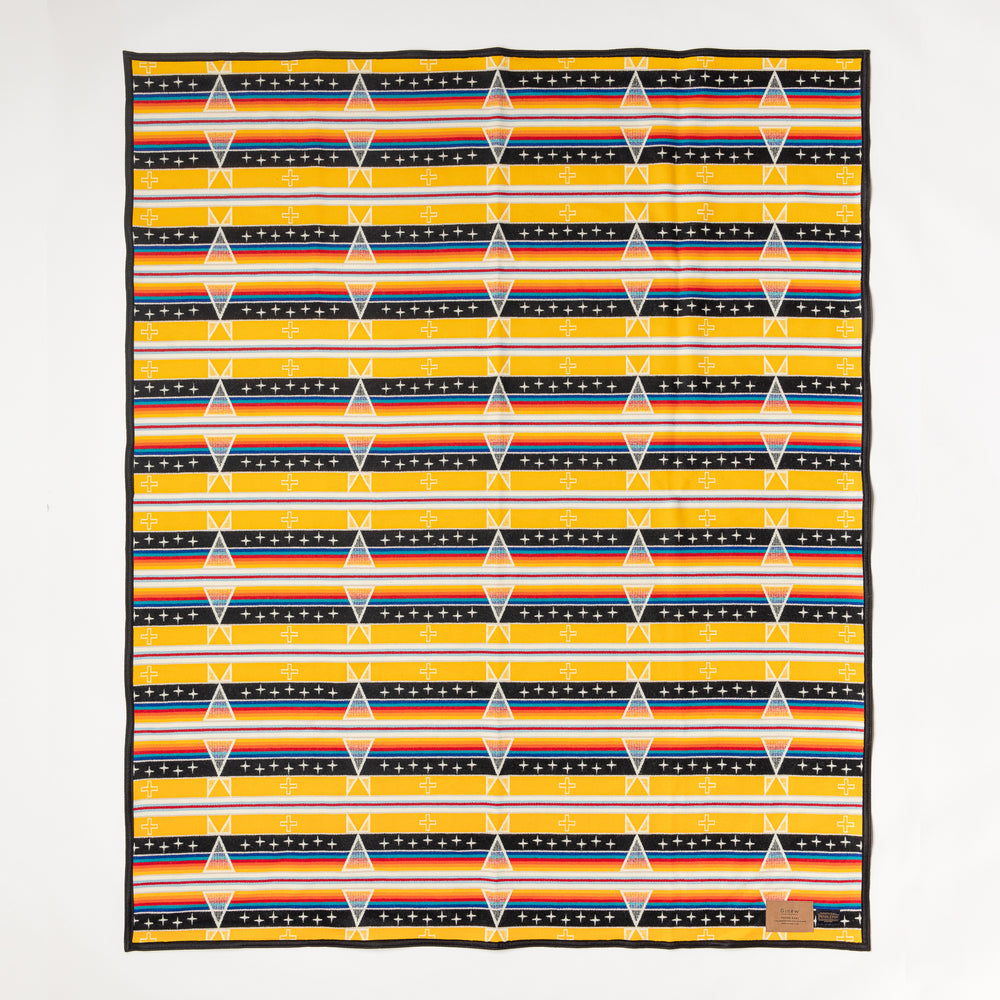 Yellow wool and cotton blanket made in USA. Yellow, orange, white, black. Ginew: Native American-owned.