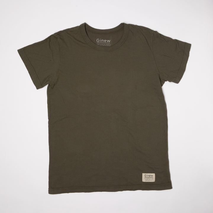 Front of 100% cotton tshirt made in USA in khaki olive green made by Native American company Ginew