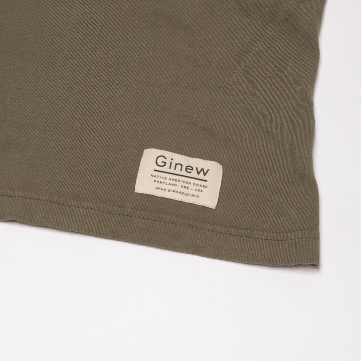 Ginew tag on 100% cotton tshirt made in USA in khaki olive green made by Native American company Ginew