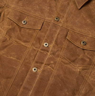 Detail view of front chest pockets and buttons.