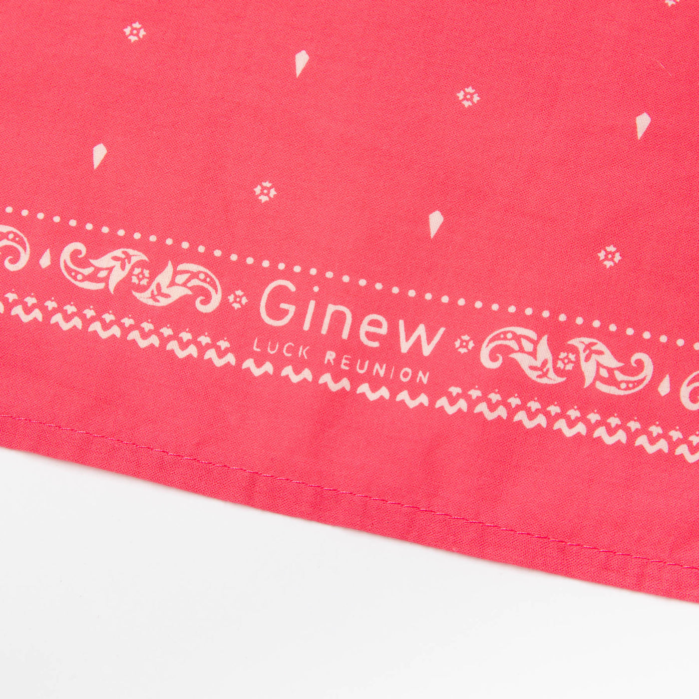 coral pink bandana with white design of an outline of a buffalo and the words Luck TX