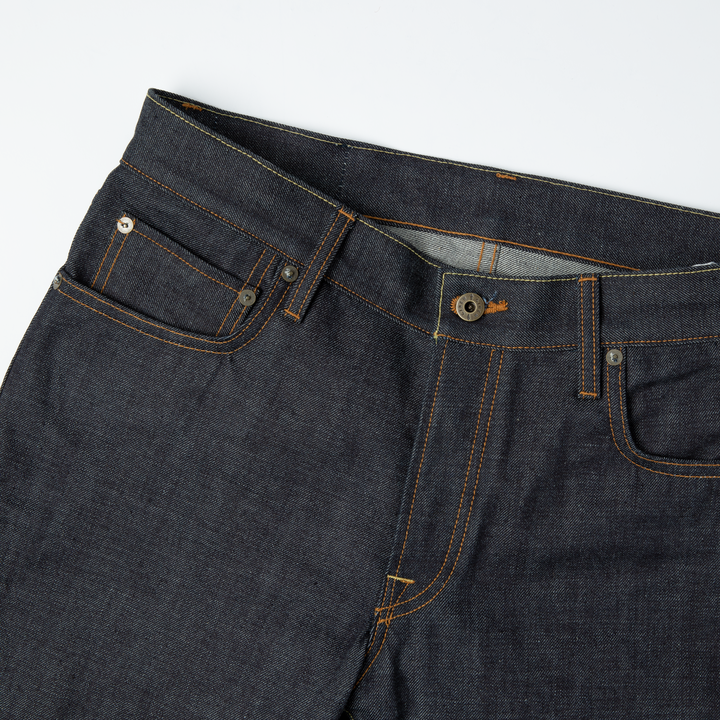Button fly Selvedge denim jean with made in USA cotton 